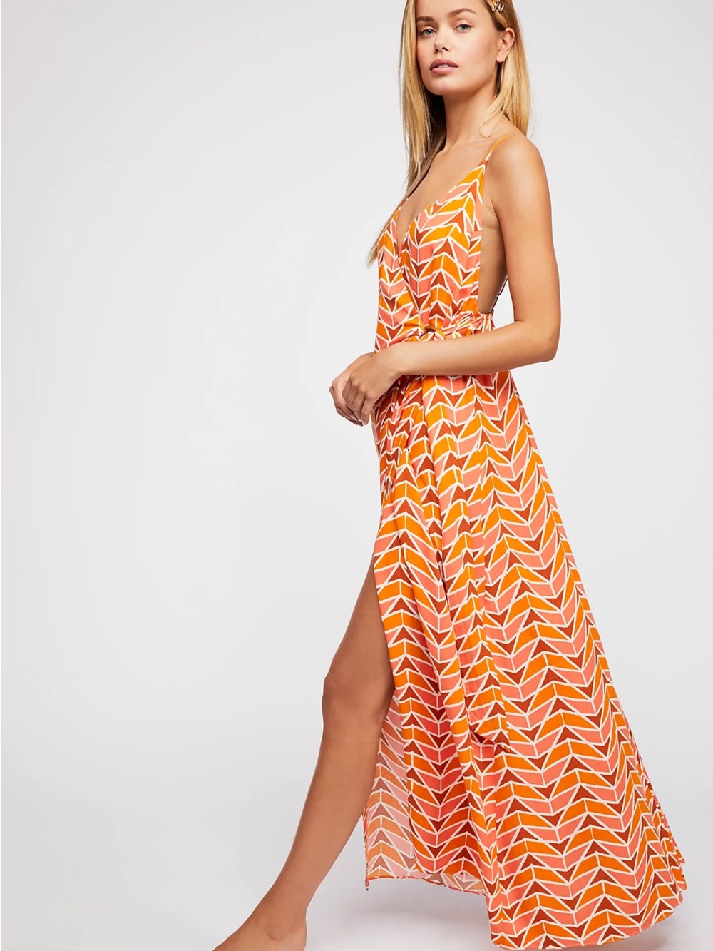 Free People Siren Wrap Orange & White Chevron Maxi Dress